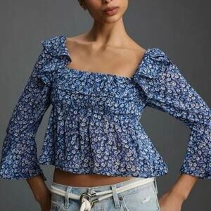 Anthropologie Maeve NWT Square-Neck Sheer Babydoll Floral Bell Sleeve Blouse